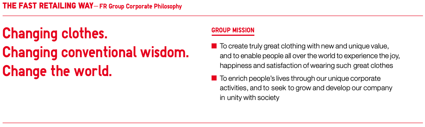THE FAST RETAILING WAY- FR Group Corporate Philosophy
Changing clothes.
Changing conventional wisdom.
Change the world.
