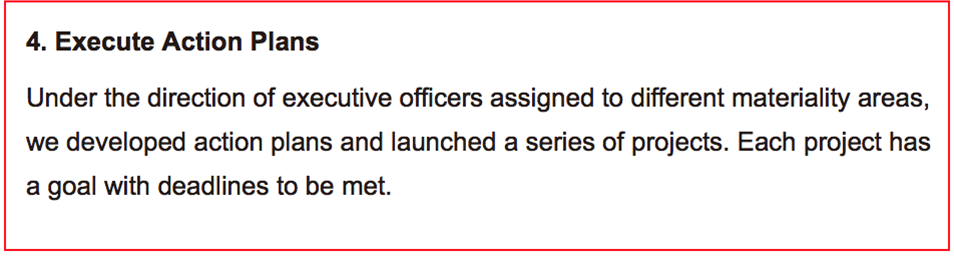 4.  Execute Action Plans　　
Under the direction of executive officers assigned to different materiality areas, we developed action plans and launched a series of projects.
Each project has a goal with deadlines to be met.