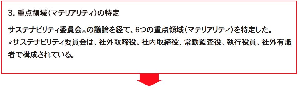 3. 重点領域（マテリアリティ）の特定　　
サステナビリティ委員会*の議論を経て、６つの重点領域（マテリアリティ）を特定した。
サステナビリティ委員会は、社外取締役、社内取締役、常勤監査役、執行役員、社外有識者で構成されている。